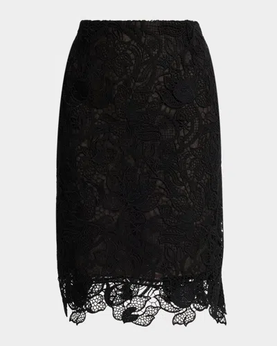 Oscar De La Renta Corded Botanical Guipure Tailored Skirt In Black