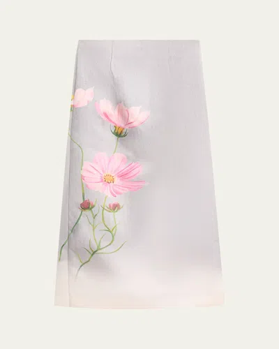 Oscar De La Renta Cosmos Flower-print Satin Midi Skirt In Pink/grey