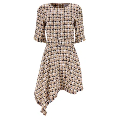 Pre-owned Oscar De La Renta Cotton & Wool Blend Tweed Asymmetric Dress In Brown