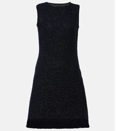 Oscar De La Renta Tweed Textured Sleeveless Fringed Mini Dress In Black