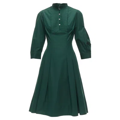 Oscar De La Renta Cotton Frill Trim Pleated Midi Shirt Dress In Green