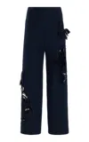 Oscar De La Renta Cotton Wool Tweed Orchid Embroidered Pant In Navy