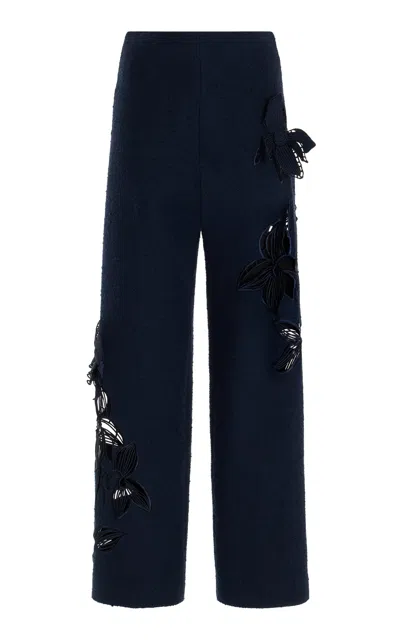 Oscar De La Renta Cotton Wool Tweed Orchid Embroidered Pant In Navy