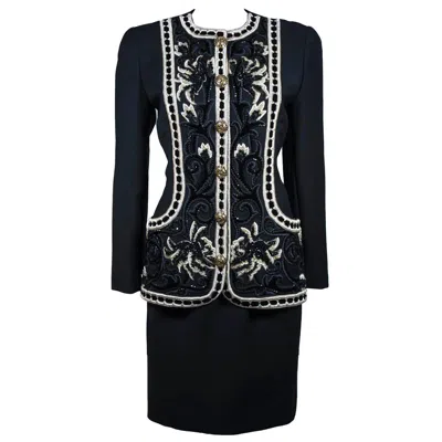 Pre-owned Oscar De La Renta Couture Embellished Black Wool Skirt Suit