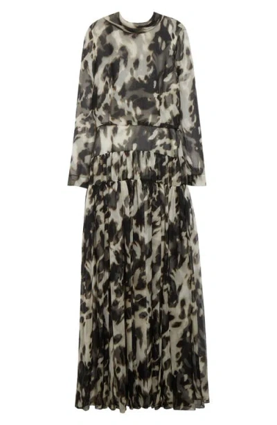 Oscar De La Renta Cow Print Long Sleeve Sheer Silk Dress In Black