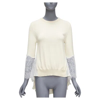 Pre-owned Oscar De La Renta Cream Lace Flare Sleeve Chiffon Insert Hi Low Hem Sweater Xs In White