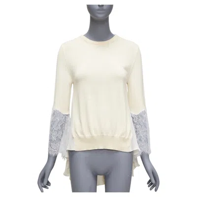 Pre-owned Oscar De La Renta Cream Lace Flare Sleeve Chiffon Insert Hi Low Hem Sweater Xs In White