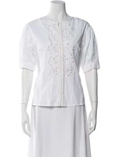 Pre-owned Oscar De La Renta Crew Neck Short Sleeve Blouse In White