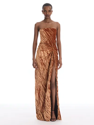 Oscar De La Renta Crinkled Velvet Drape-detailed Gown In Brown