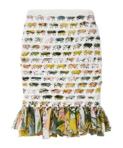 Oscar De La Renta Crochet Fringe Printed Skirt In Multi