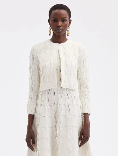 Oscar De La Renta Cropped Wave Knit Cardigan In Ivory