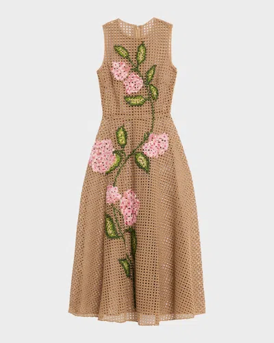 Oscar De La Renta Cross-stitched Rattan Guipure Sleeveless Midi Dress In Brown
