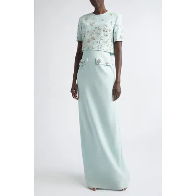 Oscar De La Renta Crystal Beaded Strapless Stretch Wool Column Gown With Jacket In Blue