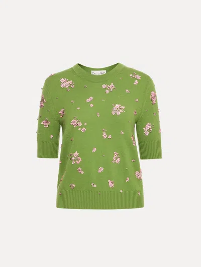 Oscar De La Renta Floral Crystal And Sequin-embellished Wool Sweater In Green