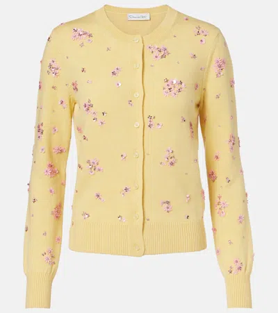 Oscar De La Renta Crystal Cluster Virgin Wool Cardigan In Yellow
