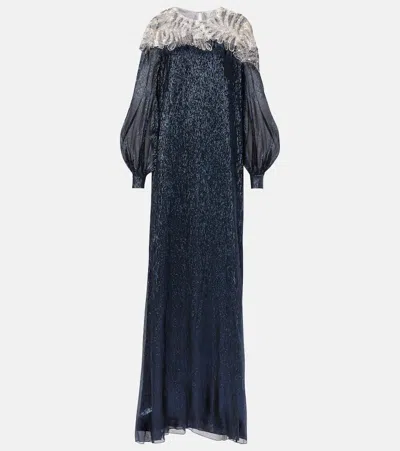 Oscar De La Renta Crystal-embellished Mousseline Kaftan In Blue