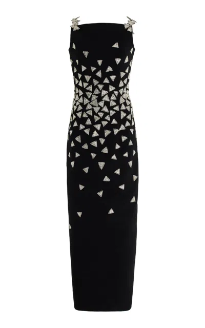 Oscar De La Renta Crystal-embellished Stretch-wool Midi Dress In Black
