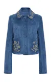 Oscar De La Renta Crystal-embellished Suede Jacket In Blue