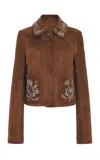Oscar De La Renta Crystal-embellished Suede Jacket In Brown