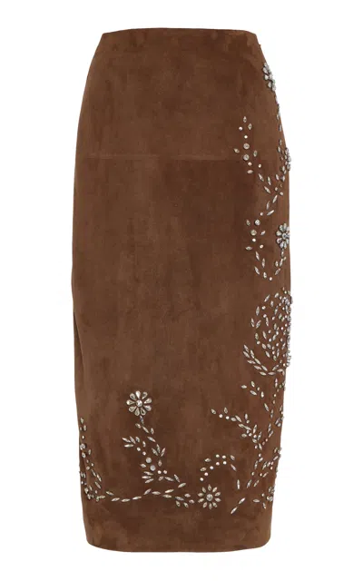 Oscar De La Renta Crystal-embellished Suede Midi Skirt In Brown