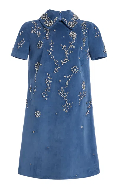 Oscar De La Renta Crystal-embellished Suede Mini Dress In Blue