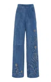 Oscar De La Renta Crystal-embellished Suede Straight-leg Pants In Blue