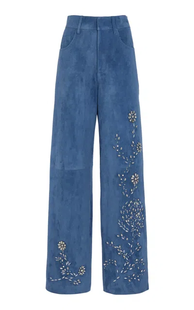 Oscar De La Renta Crystal-embellished Suede Straight-leg Pants In Blue