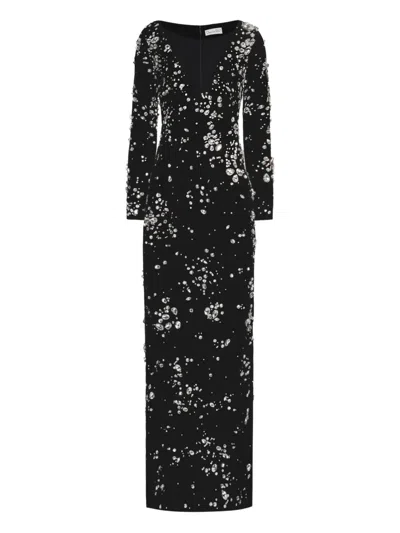 Oscar De La Renta Crystal Cluster Embroidered Long Sleeve Gown In Black