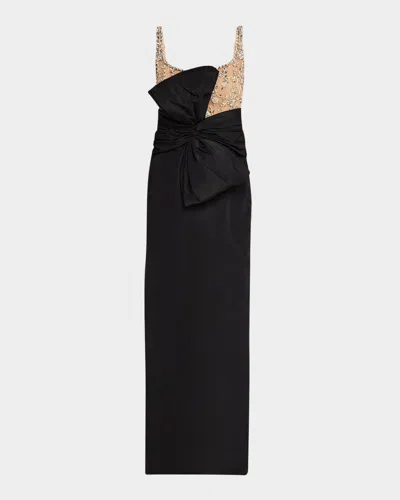 Oscar De La Renta Crystal Embroidered Bow-drape Faille Gown In Black