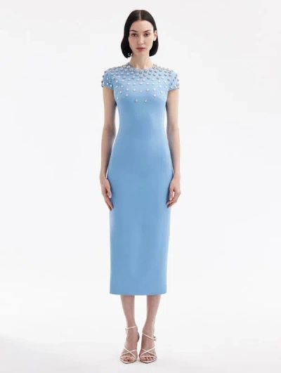 Oscar De La Renta Crystal Embroidered Cap Sleeve Dress In Navy