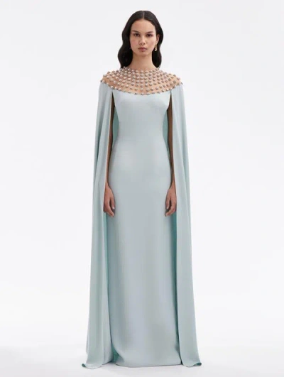 Oscar De La Renta Crystal Embroidered Cape Back Caftan In Eucalyptus