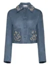 Oscar De La Renta Crystal Embroidered Suede Jacket In Blue