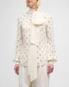 OSCAR DE LA RENTA CRYSTAL EMBROIDERED LONG-SLEEVE SILK BLOUSE