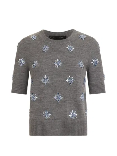 Oscar De La Renta Crystal Embroidered Pullover In Gray