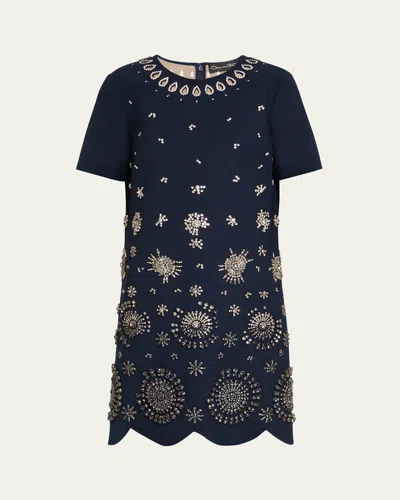 Oscar De La Renta Crystal Embroidered Short-sleeve Mini Cocktail Dress