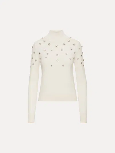 Oscar De La Renta Crystal Embroidered Turtleneck In White