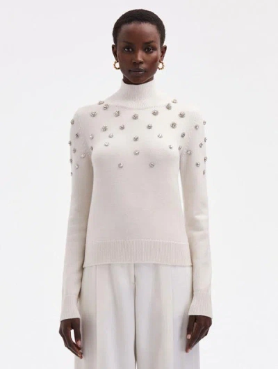 Oscar De La Renta Crystal Embroidered Turtleneck In White