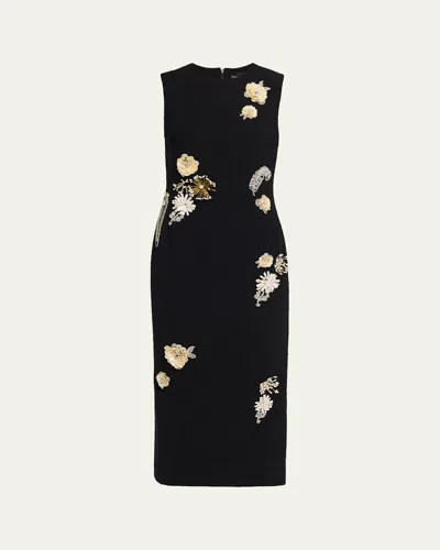 Oscar De La Renta Crystal Embroidered Tweed Sleeveless Midi Cocktail Dress In Black