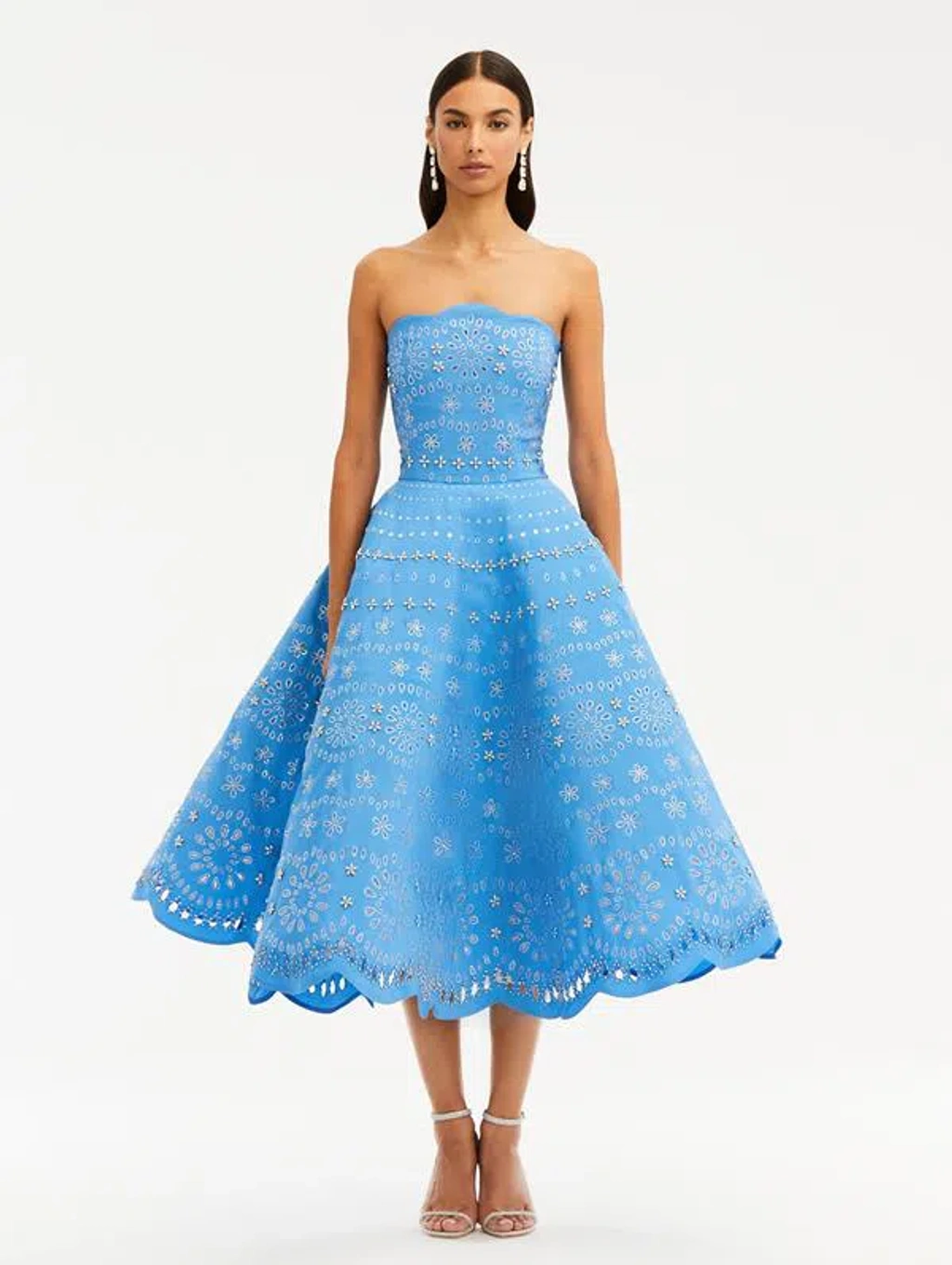 Oscar De La Renta Strapless Crystal Eyelet Scallop Midi Cocktail
