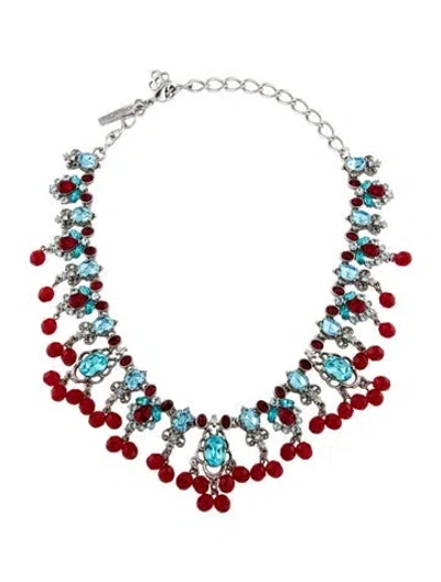 Pre-owned Oscar De La Renta Crystal Filigree Necklace, 16" In Red