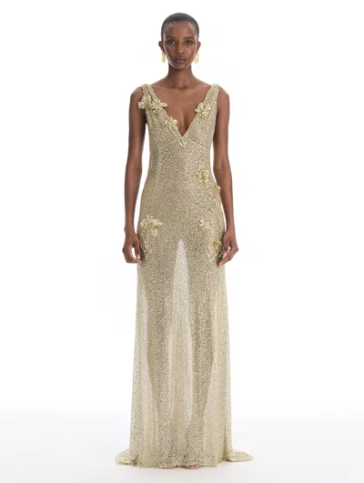 Oscar De La Renta Crystal Floral Embroidered Gown