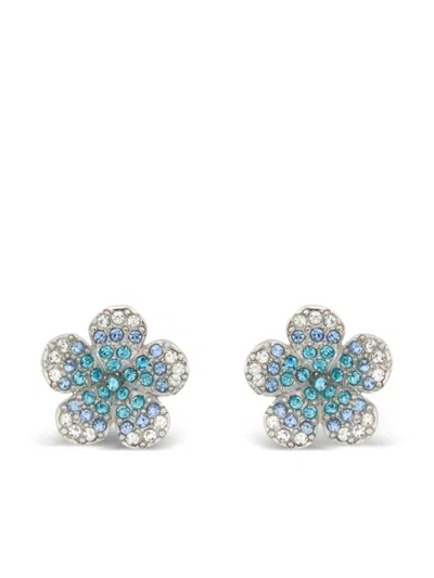 Oscar De La Renta Crystal Flower Earrings In Silver