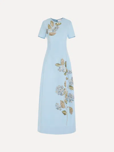 Oscar De La Renta Crystal Flower Embroidered Faille Dress In Blue