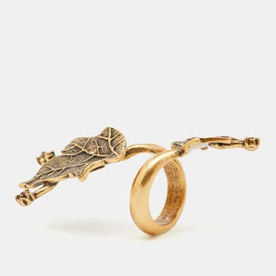 Oscar De La Renta Crystal Gold Tone Leaf Cocktail Ring In Brown