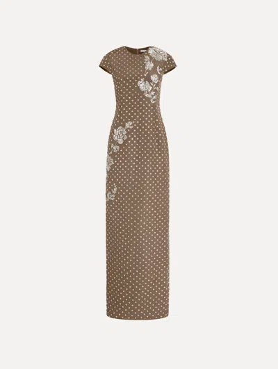Oscar De La Renta Crystal Grid Floral Embroidered Short Sleeve Gown In Brown