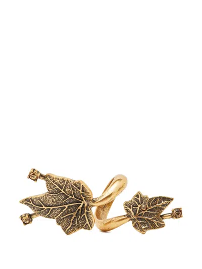 Pre-owned Oscar De La Renta Crystal Leaf Cocktail Ring In Gold