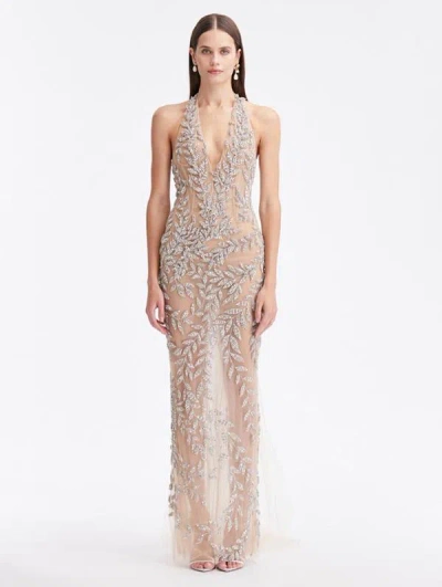 Oscar De La Renta Crystal Leaves Embroidered Column Gown