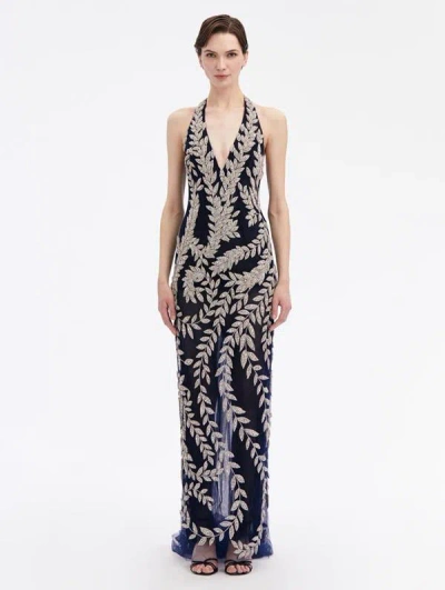 Oscar De La Renta Crystal Leaves Embroidered Column Gown In Navy