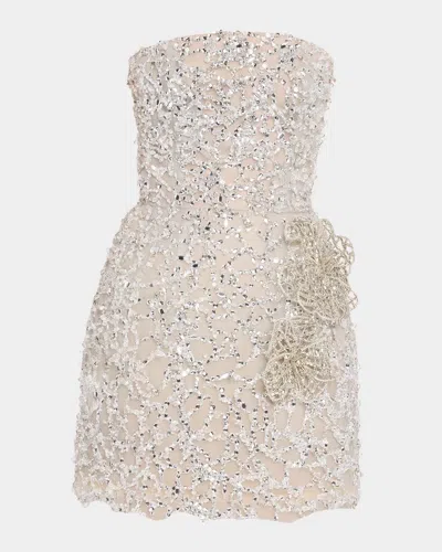 Oscar De La Renta Crystal Leaves Embroidered Strapless Mini Dress In Gold
