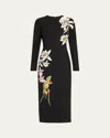 Oscar De La Renta Orchid Crystal-threadwork Midi Dress In Black